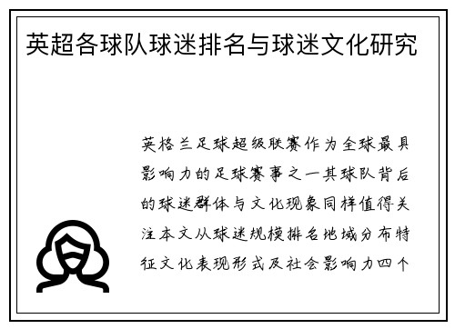 英超各球队球迷排名与球迷文化研究