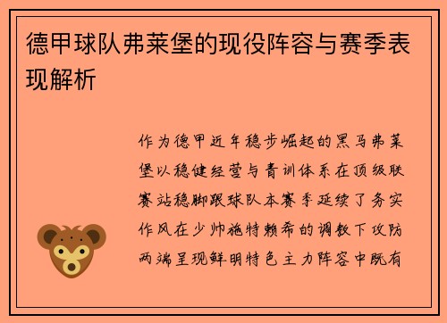 德甲球队弗莱堡的现役阵容与赛季表现解析